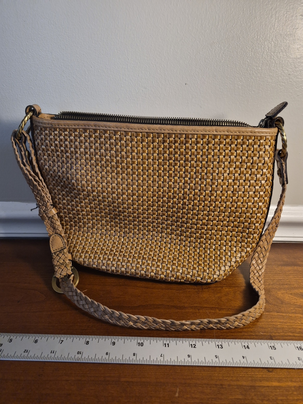 Patricia Nash Camel Woven Leather On One Side/Solid On Other  Shoulder Bag